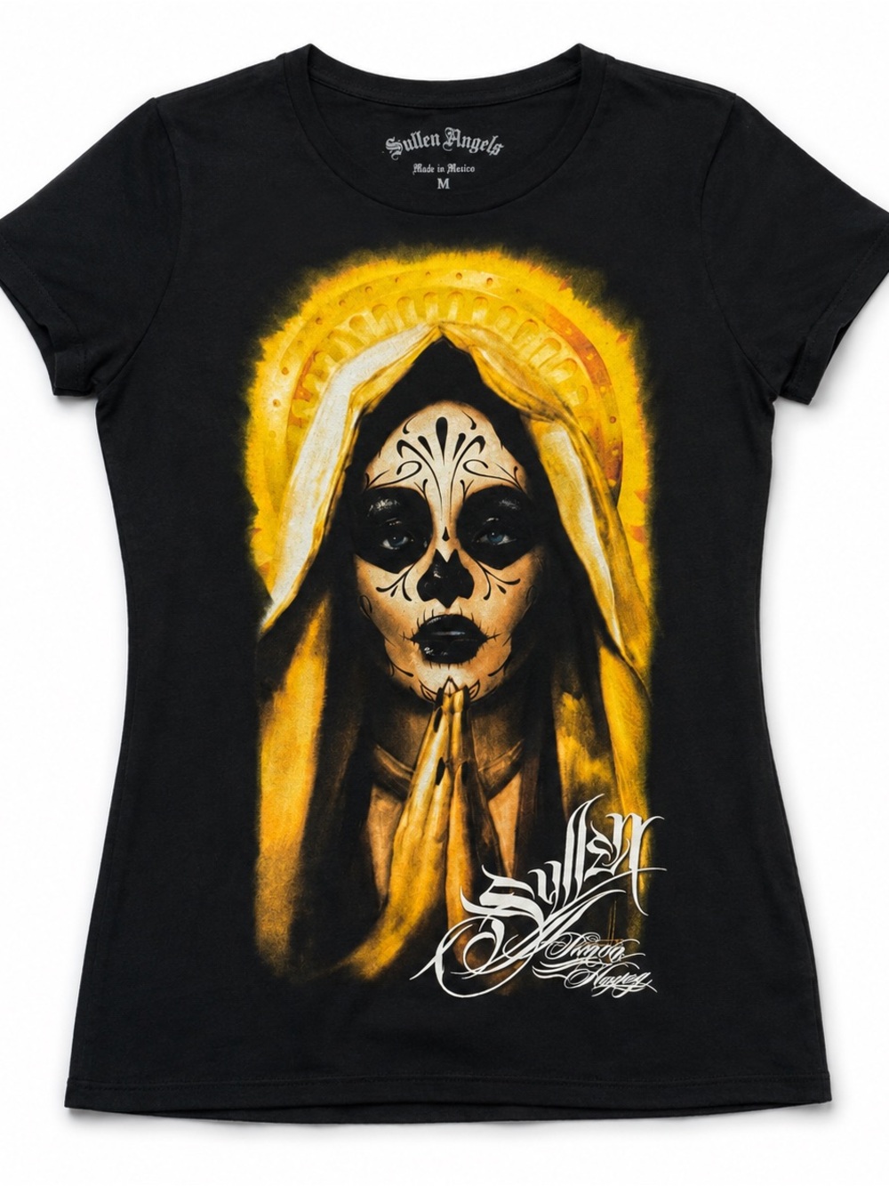 Sullen Angels Women's Black Short Sleeve Graphic Tee - Yellow Halo Prayer Design